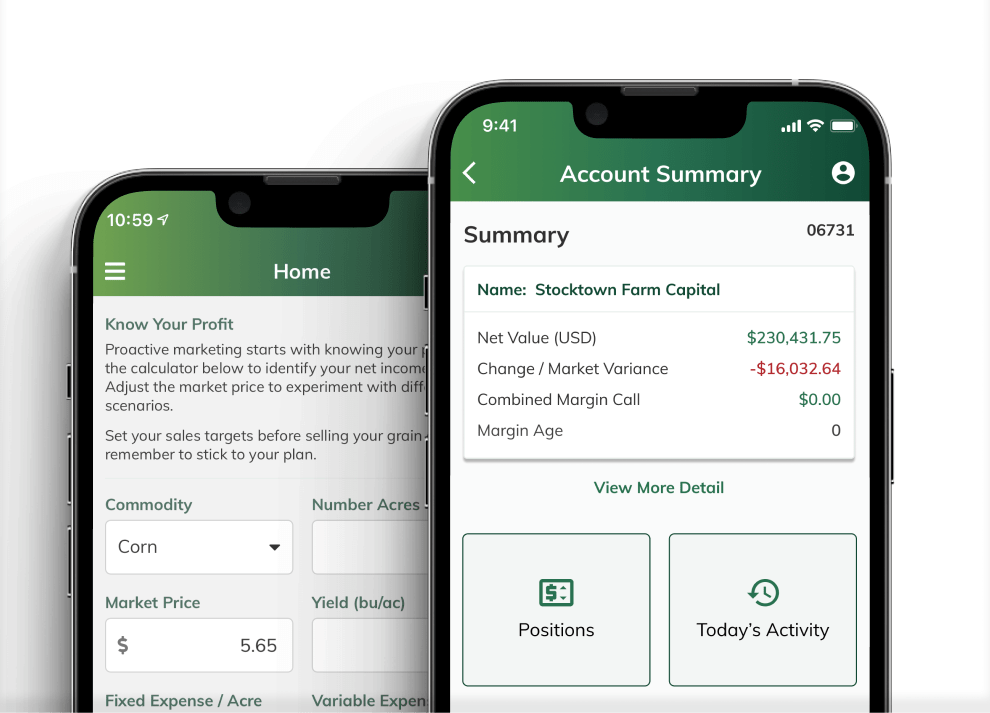 Farm Advantage app showing account summary and profit calculator