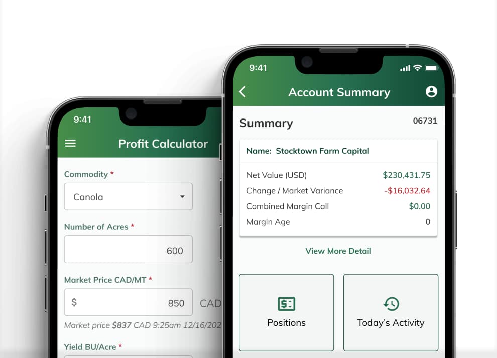 Mobile phone showing Farm Advantage Account Summary and Profit Calculator