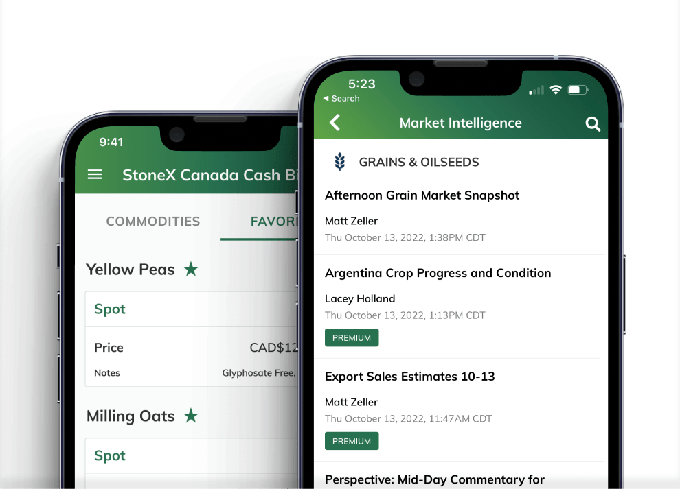 Mobile phone showing Farm Advantage StoneX Canada Cash Bids and Market Intelligence